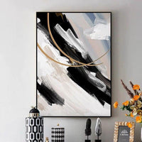 Black And White Gold Foil Hand-Painted Abstract Modern Oil Painting On Canvas In Decor As