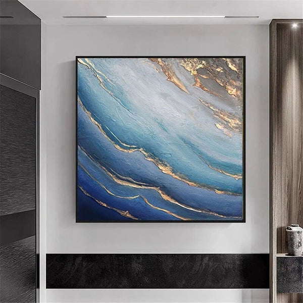 Modern Abstract Gold Foil Flowing Blue Hand Painted Canvas Art Painting Bedroom Wall