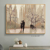 Hand Painted Abstract Canvas Romantic Landscape An Evening Out Neutral Modern Street Scene For