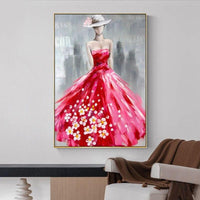 New Hand Painted Girl With Red Dress Oil Painting on Canvas