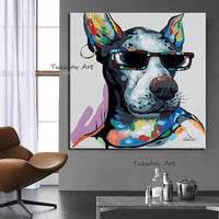 Hand Painted Oil Painting Modern Animal Wear Glasses Dog Abstract Canvass Home Children's Room