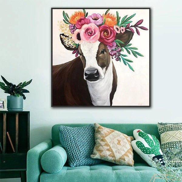 Hand Painted Modern Animal Art Cow with flowers Wall Canvas Art Oil Painting