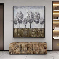 Hand Painted Silver Tree Canvas Painting Modern Nature Artwork Thick Oil For Home Office