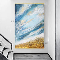 Master Hand Painted Modern Abstract Canvas Painting Blue Sky White Clouds Gravel