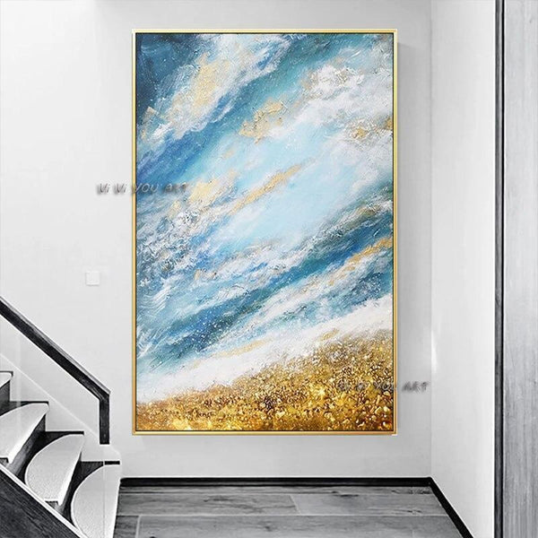 Master Hand Painted Modern Abstract Canvas Painting Blue Sky White Clouds Gravel Wall Decoration Art