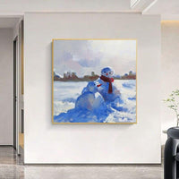 Hand Painted Snowman Oil Painting Landscape Abstract on Canvas The Wall Art Room Decor