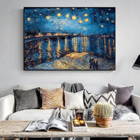 Hand Painted Starry Night on The Rhone River By Vincent Van Gogh Famous Impressionist Oil Painting Room Decor