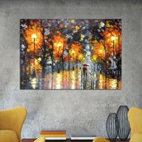 Hand Painted Landscape Painting On Canvas Hand Painted Lover Rain Street Tree Lamp Knife painting Wall picture