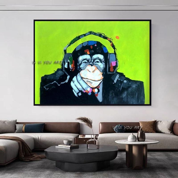 Hand Painted Modern Abstract Lucky Monkey On Canvas