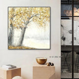 Hand Painted On Canvas Abstract Textured Trees With Yellow Leaves Wall Art Modern