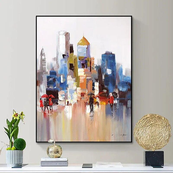 Hand Painted Rain City Building Oil Painting Landscape Wall Art Abstract On Canvas