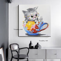 Hand Painted Paintings Wall Art Oil Paintings Cute Teacup Cat Animals Abstract Canvas Modern