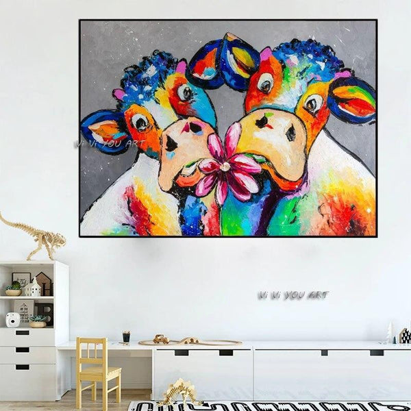 Hand Painted Lovely Graffiti Art Animal Cartoon Cow On Canvas Coloring
