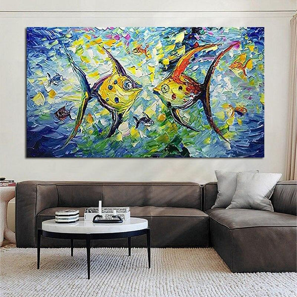 Hand Painted Oil Painting Knife Colorful Fish Abstract Famous Canvas Painting