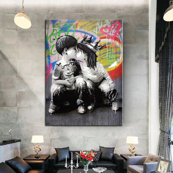 Hand Painted Street Art Oil Paintings Modern Two children kissing figures Abstracts