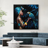 Hand Painted Oil Painting Modern People Abstract African Woman Parrot Canvas Art