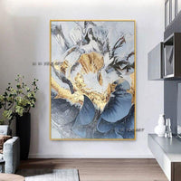 Modern Abstract Gold Blue Flowers on Canvas Wall Art Flower for Interior Office