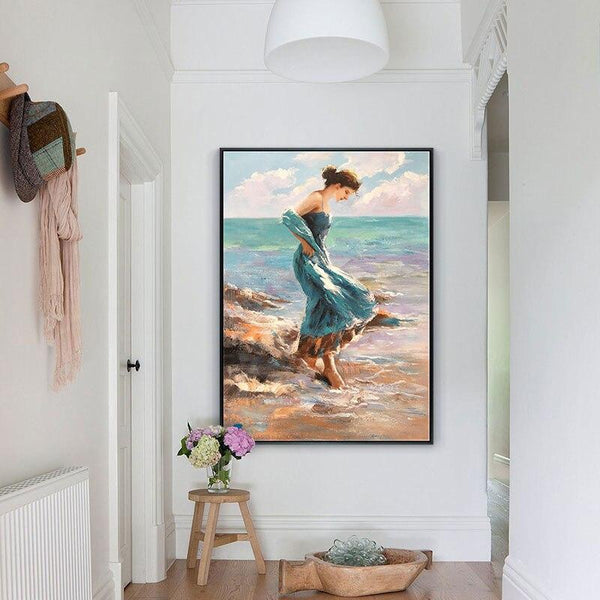 Hand Painted Lady with Blue Dress Oil Painting on Canvas Beauty Lady Walking on Beach Oil Painting for