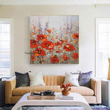 Hand Painted Abstract Red Flower Oil Painting On Canvas Home Room