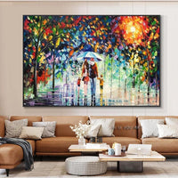 Hand Painted On Canvas Abstract Families Walking In The Rain With Umbrella Decorative