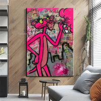 Hand Painted Oil Painting Graffitti Street Art Canvas Pink Leopard Animal Pop Painting Wall Panther