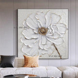 Abstract White Flower Simple Hand Painted Textured Flower Canvas Painting Artwork