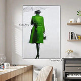 Hand Painted Oil Painting Simple Character Room Green Clothes Woman Umbrella Abstract Canvas