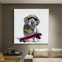 Hand Painted Oil Painting Modern Animal Wear Glasses Skateboard Dog Abstract Wall Art Children's Room Decor