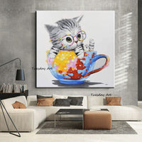 Hand Painted Paintings Wall Art Oil Paintings Cute Teacup Cat Animals Abstract Canvas Modern