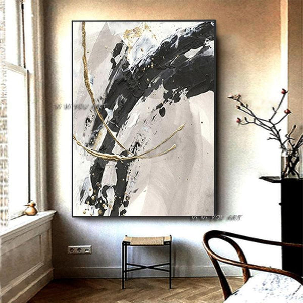 Hand Painted Abstract Black and Gray Canvas Contemporary Minimalist