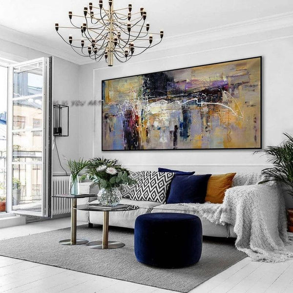 Contemporary Abstract Hand Painted Over Painting On Canvas Panoramic Wide In Office