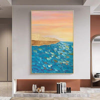 Sunset Sea View Light Blue Hand Painted Canvas Oil Painting Decor Salon