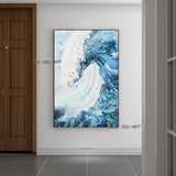 Modern Blue Waves Hand Painted Oil Abstract Painting On Canvas Office s