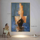 Sunset Over Ocean Boats Landscape Hand Painted Canvas Oil Paintings Bedroom Modern