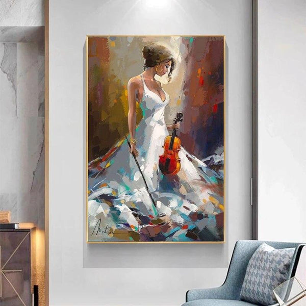 Abstract Hand Painted Art with Girl Play Violin Modern in Living room Bedroom