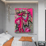 Hand Painted Oil Painting Graffitti Street Art Canvas Pink Leopard Animal Pop Painting Wall Panther