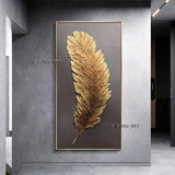 Hand Painted Abstract Golden Feather Canvas Modern Minimalist