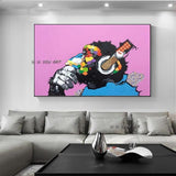 Modern Fine Art Hand Painted Funny Animal Double Thinking Monkey on Canvas Funny Listening Music Monkey Painting