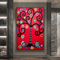 Hand Painted Colorful Modern Cartoon Tree and Skull Canvas Mexico Day of the Dead Wall Art for