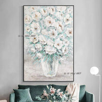 Hand Painted White Flowers With Green Leaves Painting On Canvas Decorative