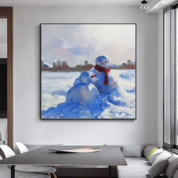 Hand Painted Snowman Oil Painting Landscape Abstract on Canvas The Wall Art Room Decor