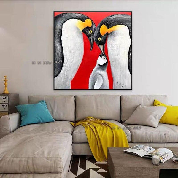 Hand Painted Lovely Penguin Family Abstract Hand Painted Animal Art Paintings Wall Canvas Art For Kids Room Decor