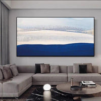 Blaues und weißes Ölgemälde, handgemalt auf Leinwand, moderne Landschaft, minimalistische Dekoration für Wohnzimmer, Flur