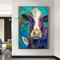 Hand Painted Oil Painting Modern Animals On Canvas Cow with Flowers Abstract Canvas Wall Art Decor