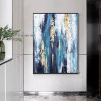 Abstract Blue With Gold Foil Hand Painted On Canvas Hand Painted Modern Wall Art Office