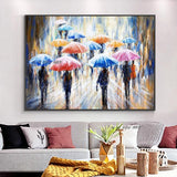 Abstract People Walking In The Rain With Umbrellas PaintingHand Painted On Canvas Modern Derorative