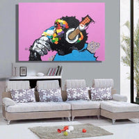 Modern Fine Art Hand Painted Funny Animal Double Thinking Monkey on Canvas Funny Listening Music Monkey Painting