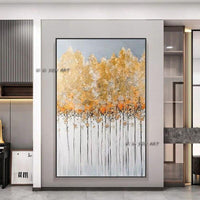 Hand Painted Thickened Abstract White Gray Gold Cute Tree Painting Canvas