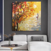 Hand Painted Modern Abstract Yellow Tree Oil Painting on Canvas Scandinavian Home Deco