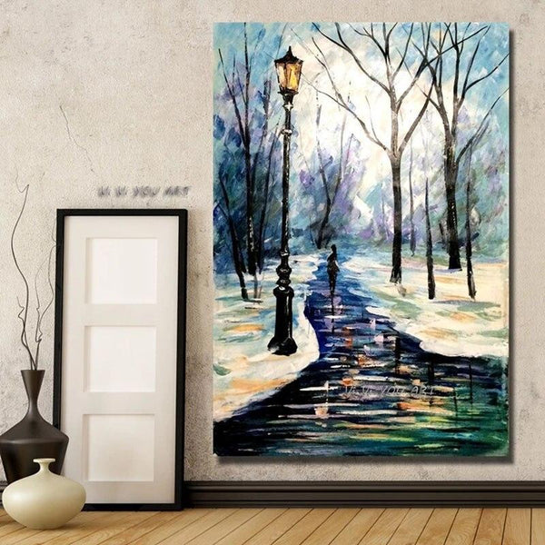 Artist Hand Painted High Quality Snow Scenery on Canvas Special Lonely Road Walker and Street Light Oil Painting